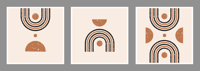 Aufkleber - Modern abstract set aesthetic backgrounds with textured  various geometric rainbow and shapes. Wall decor in boho style. Mid century minimalist art print. Vector design
