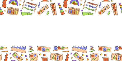 Hand drawn kid toys for Montessori games. Education logic toys for preschool children. Montessori system for early childhood development. Vector background in doodle style