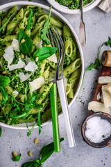 Canvas Print - Pasta with green beans, potatoes and pesto. .style rustic