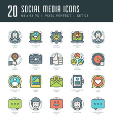 Poster - Outline icons set social media vector symbols user profile, chat bot, people characters