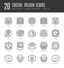Poster - Outline icons set social media vector symbols user profile, chat bot, people characters