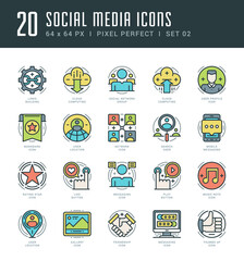 Poster - Outline icons set social media vector symbols network connection, handshake agreement, smartphone message