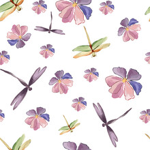 Seamless Vector Pattern With Dragonflies On A Floral Background.