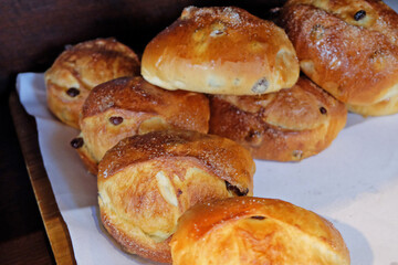 Assorted bread and toast displayed in bakery  pastry shop