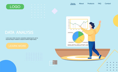 Fototapete - Data analysis landing page template man happy with successful completion of financial business plan, Businessman researcher preparing to submit progress report. Character stands near diagram and graph