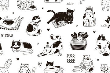 Aufkleber - Seamless pattern with Meow inscription and cute funny cats playing and sleeping. Endless black and white background for printing. Hand-drawn childish flat vector illustration in doodle style