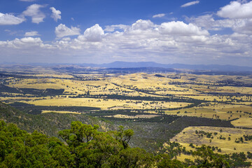 Scenic view of beautiful Australian outback with windfarm on yellow hills