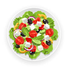 Fresh Greek Salad On A White Platter. Tomatoes, Cucumbers, Feta Cheese, Lettuce Leaves, Olives, Sweet Peppers And Onions. Mediterranean Diet. Top View Vector Illustration On A White Background