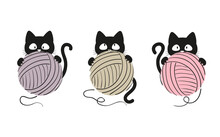 Black Cat With A Ball Of Yarn. Knitting Set, Vector Illustration