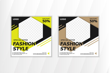 Poster - Set of Editable modern minimal square banner templates. white and black background color with hexagon shape for photo. green and brown elements Suitable for social media post and web or internet ads. 