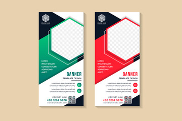 Poster - red and green gradient hexagon roll up business banner design vertical template vector, paper cut style presentation use abstract geometric background, modern publication display layout in rectangle