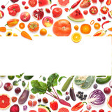Fototapeta Tulipany - Banner from various vegetables and fruits isolated on white background, top view, creative flat layout. Concept of healthy eating, food background. Frame of vegetables with space for text.