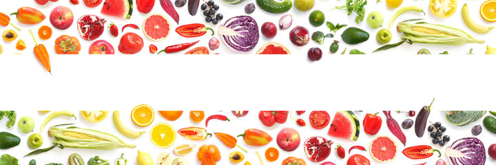 Wall Mural - Frame from various vegetables and fruits isolated on white background, top view, creative flat layout. Concept of healthy eating, food background.