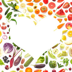 Wall Mural - Heart shaped frame from various vegetables and fruits isolated on white background, top view, creative flat layout. Concept of healthy eating, food background. 