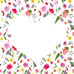 Wall Mural - Heart-shaped frame of natural flowers. The concept of summer, spring, Valentine's Day, Mother's Day, March 8. 