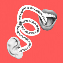 Endless Talks About Nothing. Female Mouth Talks To Male Ear. Modern Design, Contemporary Art Collage. Inspiration, Idea, Trendy Urban Magazine Style. Negative Space To Insert Your Text Or Ad.