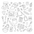 Doodle baking vector set. Kitchen equipment and objects for cooking. Hand drawn food and ingredients clipart