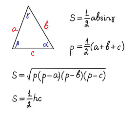 Formulas area of a triangle Education, getting classes, school program Higher mathematics. Handwritten math text. Isolated.