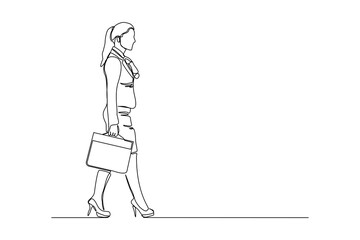 Wall Mural - Continuous line drawing of happy young business woman holding briefcase. Single one line art of office worker. Vector illustration