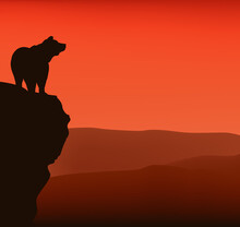 Wild Bear Standing On High Cliff At Sunset - Vector Silhouette View Of Dramatic Wilderness Scene