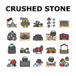 Crushed Stone Mining Collection Icons Set Vector. Heavy Machinery And Excavator, Dump Truck And Railway Carriage, Stone Mine Equipment Concept Linear Pictograms. Contour Color Illustrations