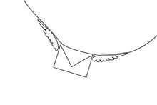Flying Envelope In Continuous Line Art Drawing Style. Letter With Wings Minimalist Black Linear Design Isolated On White Background. Vector Illustration
