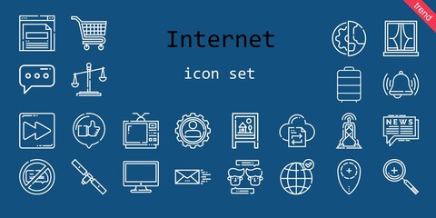 Poster - internet icon set. line icon style. internet related icons such as news, antenna, settings, file transfer, zoom in, no chatting, law, like, television, message, bell, trolley, earth grid, computer