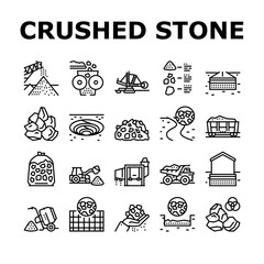 Crushed Stone Mining Collection Icons Set Vector. Heavy Machinery And Excavator, Dump Truck And Railway Carriage, Stone Mine Equipment Black Contour Illustrations