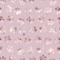 Poster - Seamless pattern pet prints. Paw patterns with foil effect. Cute pink marble background. Pastel color. Repeated delicate texture. Soft glitter. Repeating elegant abstract design pets dog, cat. Vector 