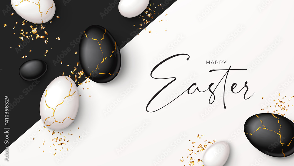 Happy Easter holiday banner. Top view on white and black eggs with golden liquid and golden confetti. Vector illustration with 3d decorative objects. Greeting banner. - obrazy, fototapety, plakaty 