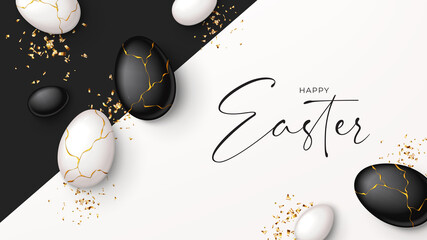 Happy Easter holiday banner. Top view on white and black eggs with golden liquid and golden confetti. Vector illustration with 3d decorative objects. Greeting banner.