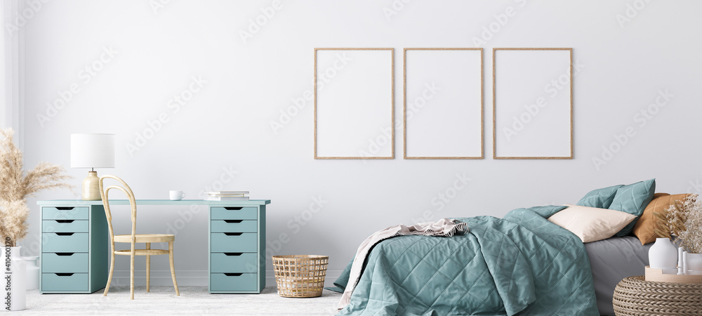 Blue Scandinavian bedroom with three vertical frames in bright design, poster mock up on white wall background	 - obrazy, fototapety, plakaty 