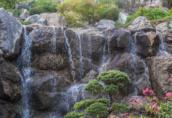 Sticker - Beautiful waterfall with tropical trees and plants on summer day.