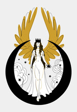 Mystical Goddess Woman Or Angel With Golden Wings, Divine Boho Design. Lunar Lady With A Star In Her Hands. Heavenly Hand Drawn Illustration Isolated On White Background.