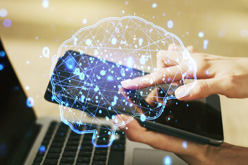 Aufkleber - Creative artificial Intelligence concept with human brain sketch and finger presses on a digital tablet on background. Double exposure