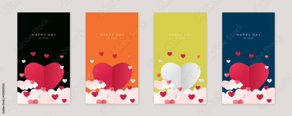 Set of pink yellow blue happy valentine's day vertical banners, posters, cards or flyers with origami hearts in paper cut style. Design template for advertising, web, social media, stories templates - obrazy, fototapety, plakaty 