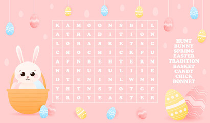 Wall Mural - Word search riddle for kids with cute animal character - easter bunny hiding in basket with painted eggs on pink background, puzzle for childrens book, printable worksheet, spring holiday theme