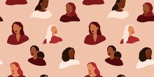 Seamless Pattern With Female Faces In A Paper Cut Style. Repeatable Background With Women Of Different Cultures And Ethnicity. Flat Vector Illustration