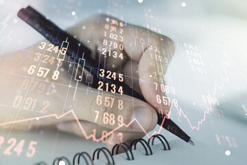 Poster - Multi exposure of abstract graphic data spreadsheet sketch with man hand writing in diary on background, analytics and analysis concept