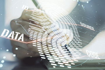 Poster - Abstract creative fingerprint illustration with woman hand writing in diary on background, personal biometric data concept. Multiexposure