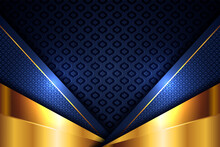 Elegant Gold Light Polygonal On Blue Geometric Banner. Luxury Dark Lines With Paper Material Layer With Golden Stripe Background