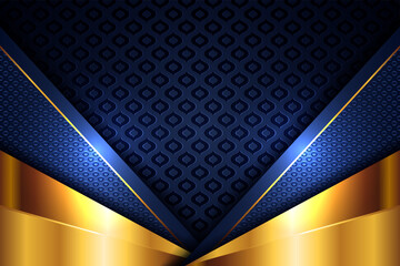 Poster - Elegant gold light polygonal on blue geometric banner. Luxury dark lines with paper material layer with golden stripe background