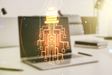 Poster - Creative idea concept with light bulb and microcircuit illustration on modern laptop background. Neural networks and machine learning concept. Multiexposure
