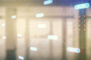 Poster - Multi exposure of abstract creative coding sketch on empty corporate office background, artificial intelligence and neural networks concept