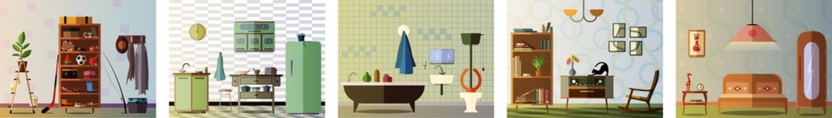 House interior in vector. Kitchen, living room, bedroom, bathroom. Made in one style, design template of retro style.