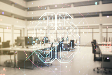 Poster - Double exposure of creative artificial Intelligence interface on modern corporate office background. Neural networks and machine learning concept