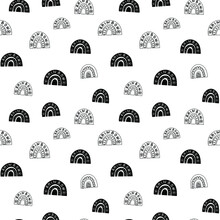 Rainbow Seamless Pattern, Black And White Hand-drawn Arc Doodle Digital Paper, Abstract Rainbows Repeating Background, The Monochrome Band Of Color Vector Wallpaper, Cute Bow Decorative Element