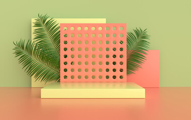 Leinwandbilder - 3d rendered studio with geometric shapes, podium on the floor. Platforms for product presentation, mock up background. Abstract composition in minimal design, tropic palm leaves