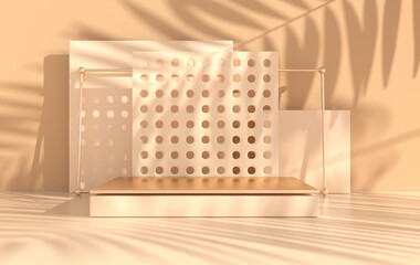Leinwandbilder - 3d rendered studio with geometric shapes, podium on the floor. Platforms for product presentation, mock up background. Abstract composition in minimal design, tropic palm leaves shadow