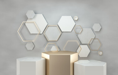 Aufkleber - 3d rendered studio with geometric shapes, podium on the floor. Platforms for product presentation, mock up background. Abstract composition in minimal design, white, golden colors